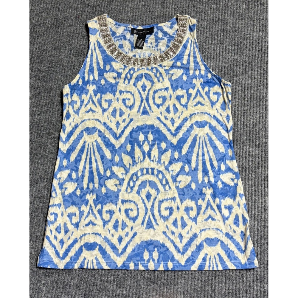 INC International Concepts Blue Ikat Beaded Neckline Tank Top‎ Womens Medium P